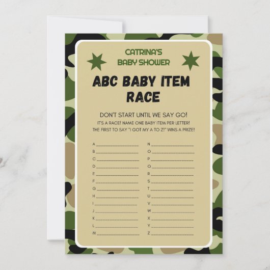 迷彩柄ベビーシャワー – 編集可能な名前、5 x 7 招待状 (正面)