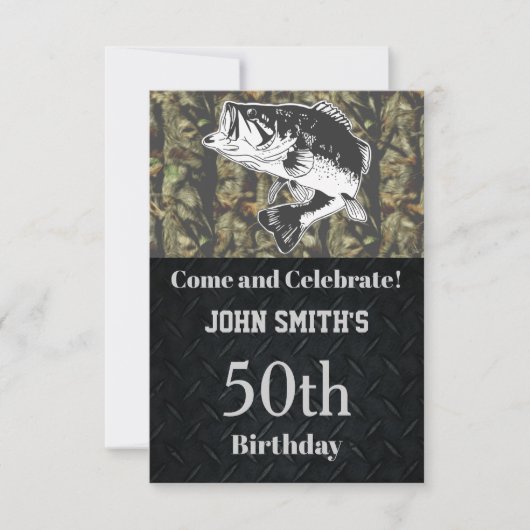 迷彩柄ベース魚釣りバースデーパーティーメンズ 招待状 (正面)