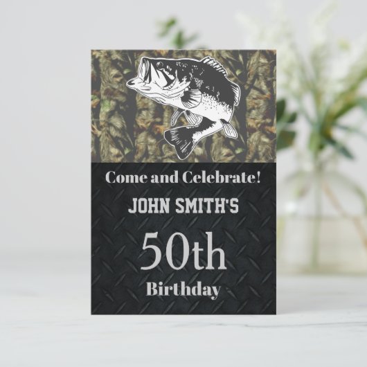 迷彩柄ベース魚釣りバースデーパーティーメンズ 招待状 (スタンド正面)