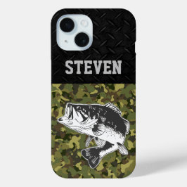 迷彩柄ベース魚釣り名男性スポーツラージムースケース –  iPhone 15ケース