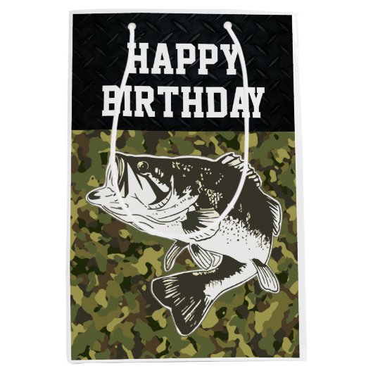 迷彩柄ベース魚釣り堅牢なハッピーバースデー男性 ミディアムペーパーバッグ (正面)