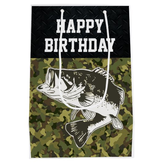迷彩柄ベース魚釣り堅牢なハッピーバースデー男性 ミディアムペーパーバッグ (裏面)
