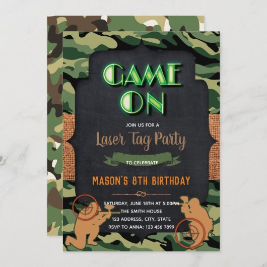 迷彩柄レーザーラベル誕生日パーティーの招待 招待状 (正面/裏面)