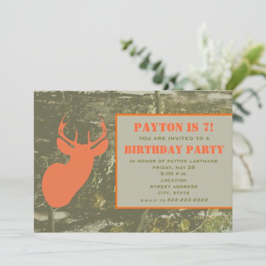 迷彩柄及びオレンジシカの頭部の誕生会の招待 招待状 (スタンド正面)