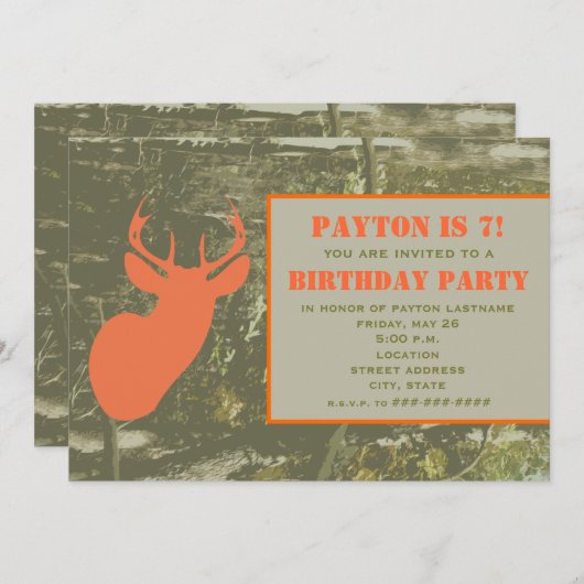 迷彩柄及びオレンジシカの頭部の誕生会の招待 招待状 (正面/裏面)