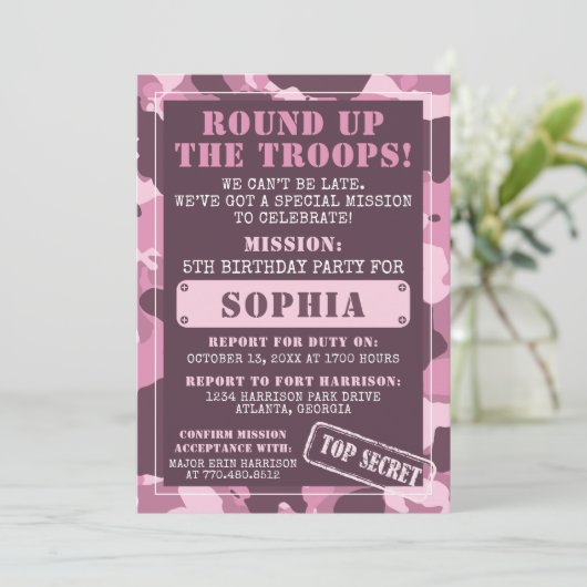 迷彩柄誕生日パーティーの招待状、軍隊、任務 招待状 (スタンド正面)