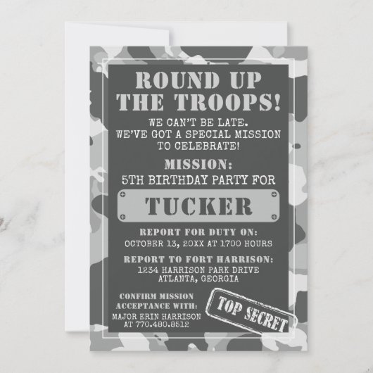 迷彩柄誕生日パーティーの招待状、軍隊、任務 招待状 (正面)