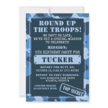 迷彩柄誕生日パーティーの招待状、軍隊、任務
