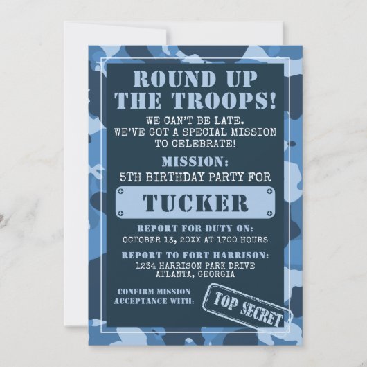 迷彩柄誕生日パーティーの招待状、軍隊、任務 招待状 (正面)