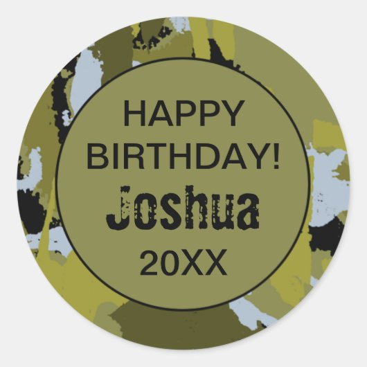 迷彩柄誕生日パーティーステッカー ラウンドシール (正面)