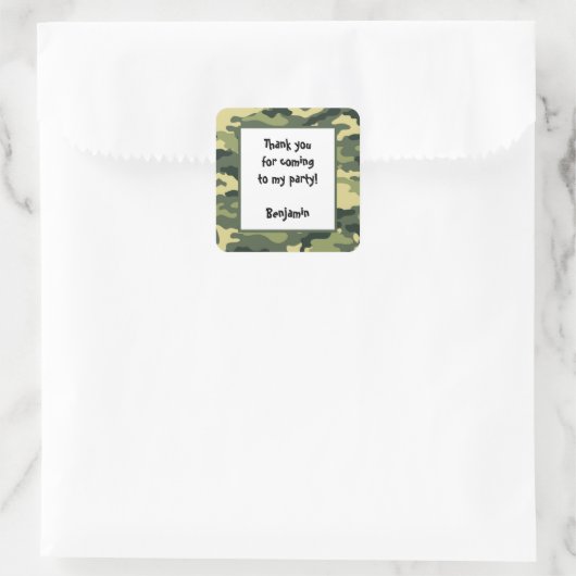 迷彩柄誕生日パーティー好意ステッカーグリーン スクエアシール (バッグ)