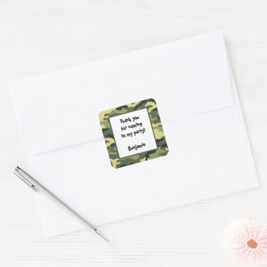 迷彩柄誕生日パーティー好意ステッカーグリーン スクエアシール (封筒)