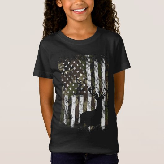 迷彩柄USフラッグディアエルクバックカモフラージュ狩りハンテ Tシャツ (正面)