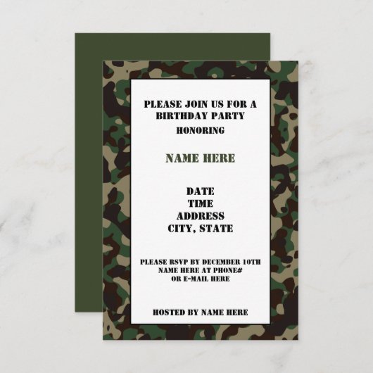 迷彩誕生日パーティーの招待状 招待状 (正面/裏面)