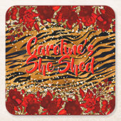 追加の名前文字彼女はトラのストライプ花を流した スクエアペーパーコースター (正面)