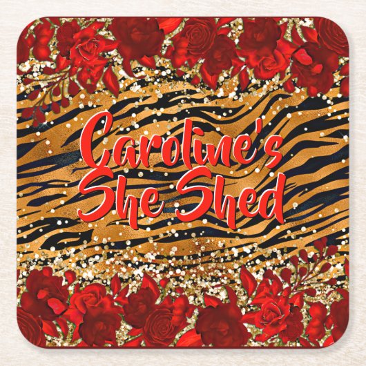 追加の名前文字彼女はトラのストライプ花を流した スクエアペーパーコースター (正面)