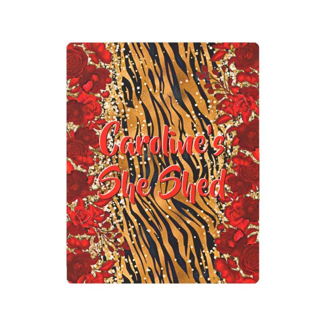 追加の名前文字彼女はトラのストライプ花を流した メタルプリント (正面)