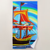 追加の名前、黒金ゴールド海賊船レッドオレンジセイルズ ビーチタオル (正面)