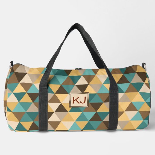 追加イニシャル、レトロ抽象芸術三角形、緑の茶色 ダッフルバッグ (正面)