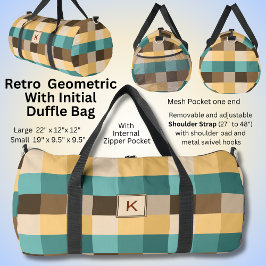 追加イニシャル、レトロ抽象芸術正方形グリーンブラウン ダッフルバッグ