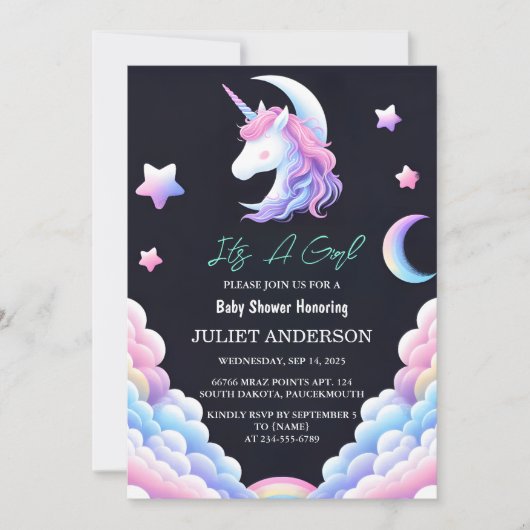 追加グロー宇宙王室のポニーユニコーンベビーガールシャワー 招待状 (正面)