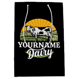 追加ネーム サンセットダairyファーム 牧草地のホルスタイン牛 ミディアムペーパーバッグ