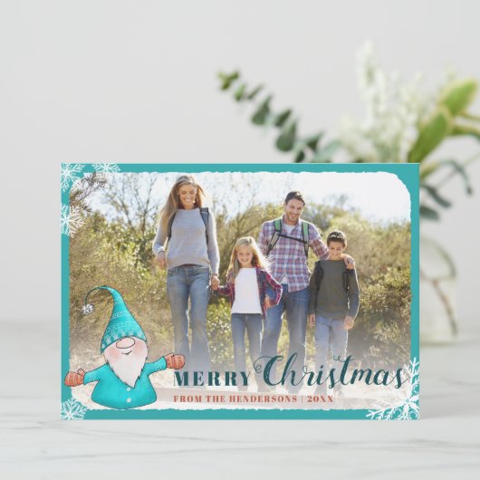 追加ファミリーフォトティール(緑がかった色)ブルー格言クリスマス シーズンカード (スタンド正面)