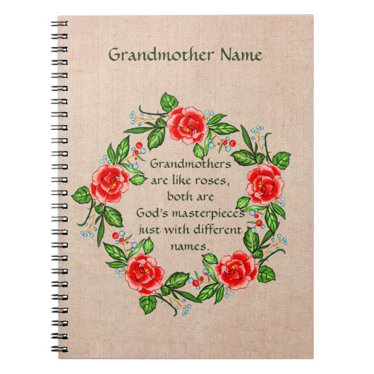 追加文字、おばあちゃんのようなバラ、フローラ  ノートブック (正面)