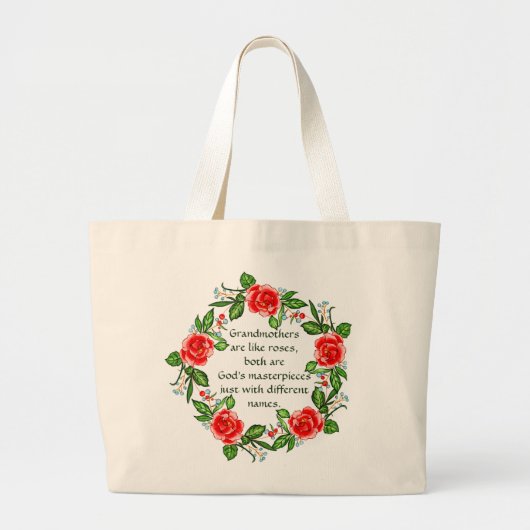 追加文字、祖母バラのようなフローラ祖母 ラージトートバッグ (正面)