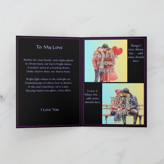 追加2写真のネオンライトバレンタインハート愛の詩 カード (内部)