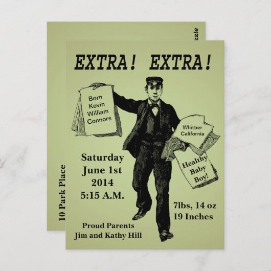 追加!追加!ヴィンテージ新聞ベビー発表 ポストカード (正面/裏面)