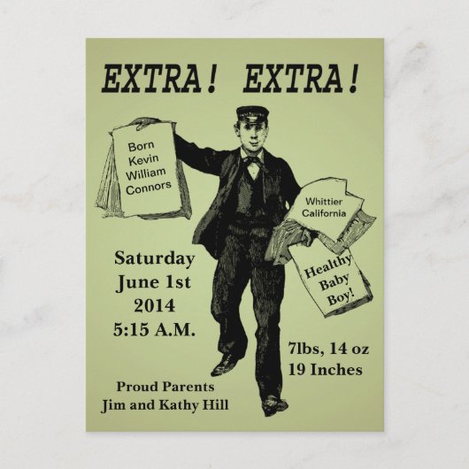 追加!追加!ヴィンテージ新聞ベビー発表 ポストカード (正面)