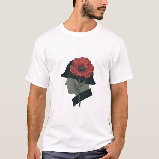 追悼の兵士シルエット 赤いポピーアート Tシャツ (正面)