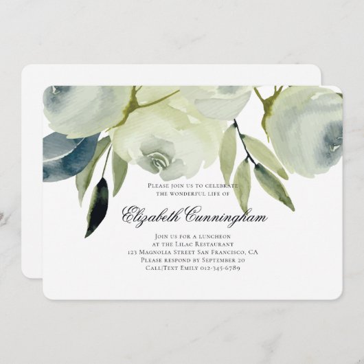追悼の水彩フローラと葉 招待状 (正面/裏面)