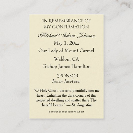 追悼の確認少年の神聖カード – - 名刺 (裏面)