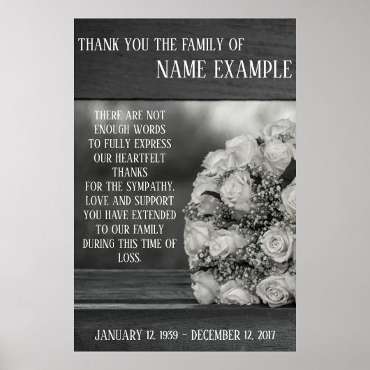 追悼ポスター 白いバラの花束 モノクロ ポスター (正面)