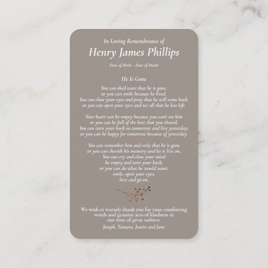 追悼ロスタイムサンセット祈りの言葉共感カード 名刺 (裏面)