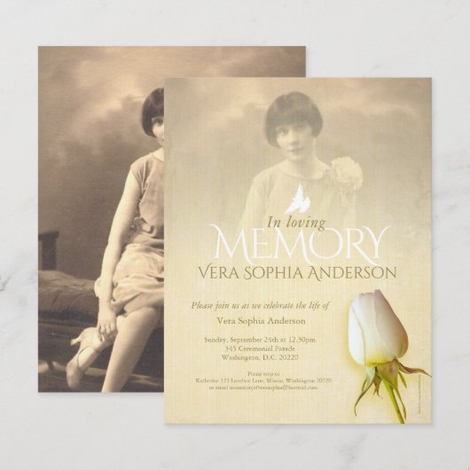 追悼写真 白いバラの蕾 葬儀のお知らせ 招待状 (正面/裏面)
