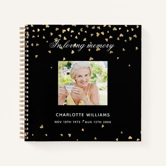 追悼帳簿 葬儀 黒 金色のハート ノートブック (正面)