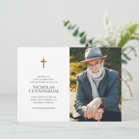 追悼式とモダンクロスシンプルフォト サンキューカード (スタンド正面)