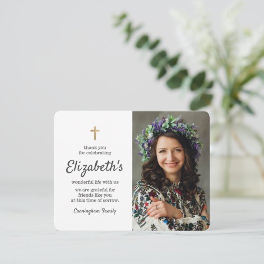 追悼式の葬儀シンプル金ゴールドクロス写真 サンキューカード (スタンド正面)