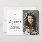 追悼式の葬儀シンプル金ゴールドクロス写真 サンキューカード (正面)