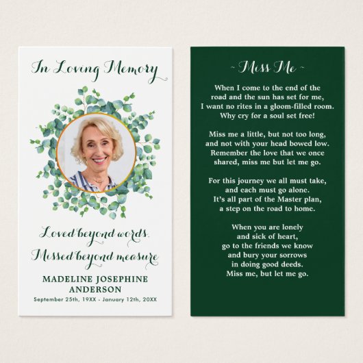 追悼式エレガント祈りの言葉カードユーカリ (正面&裏面)