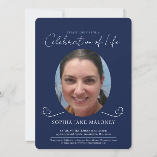 追悼式ハート楕円形の写真海軍 招待状 (正面)