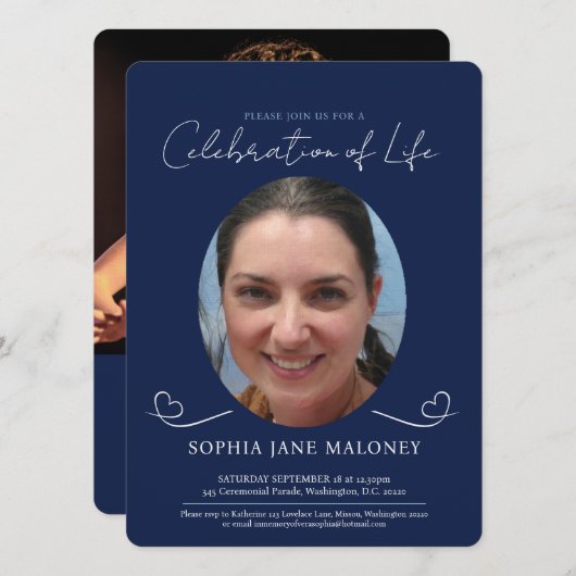 追悼式ハート楕円形の写真海軍 招待状 (正面/裏面)