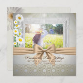 追悼式ベージュボウホワイトデイジー写真 招待状 (正面/裏面)