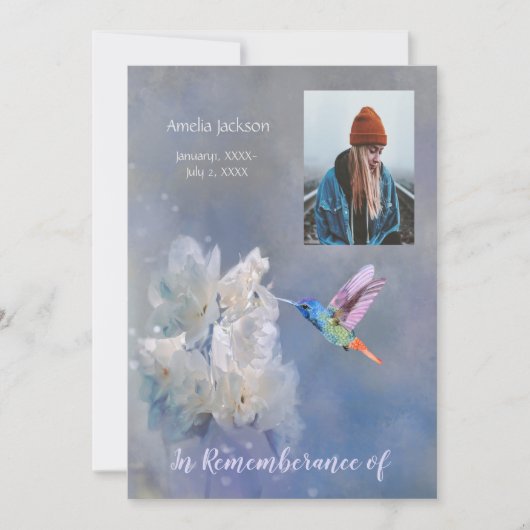 追悼式招待 ハチドリ 白い花 招待状 (正面)