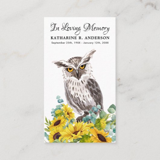 追悼式祈りの言葉カードフクロウ鳥ひまわり コーリングカード (正面)