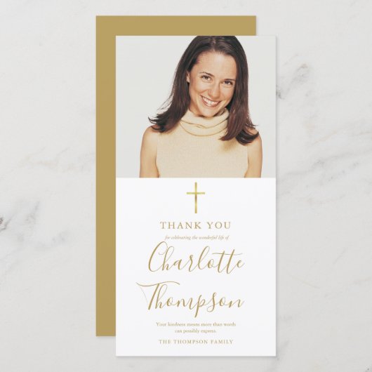 追悼葬式エレガント金ゴールド十シンプル字写真 サンキューカード (正面/裏面)