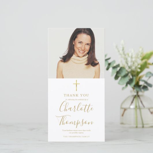 追悼葬式エレガント金ゴールド十シンプル字写真 サンキューカード (スタンド正面)
